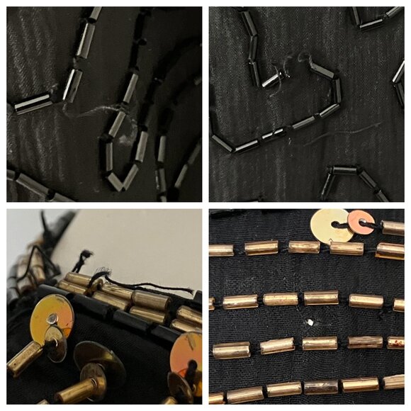 Vintage 80s 100% Silk Beaded Sequin Black Gold Cocktail Dress M/L Deco Flapper - Picture 15 of 15